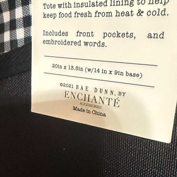 Rae Dunn Black insulated Tote with Black-and-White Gingham Top - Picture 4 of 7